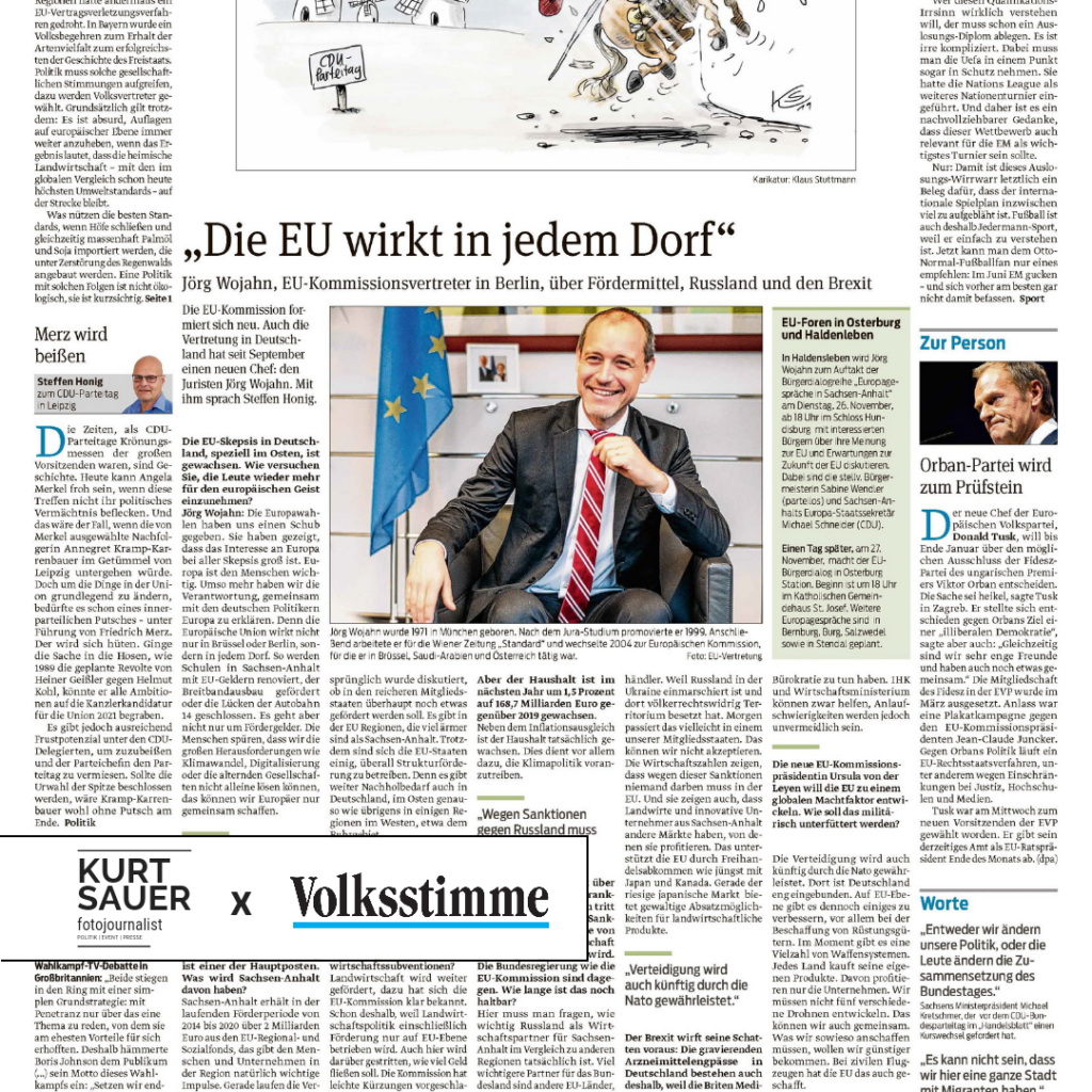 Ausschnitte aus der "Volksstimme" mit Bildern von Jörg Wojahn, Vertreter der EU-Kommission in Deutschland (Foto: Kurt Sauer)